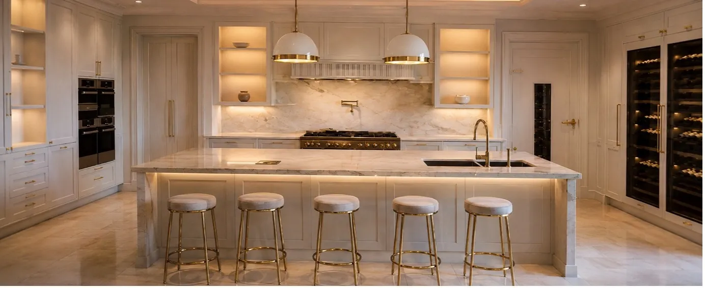 A light-filled kitchen with a marble island, brass pendant lighting and integrated wine storage